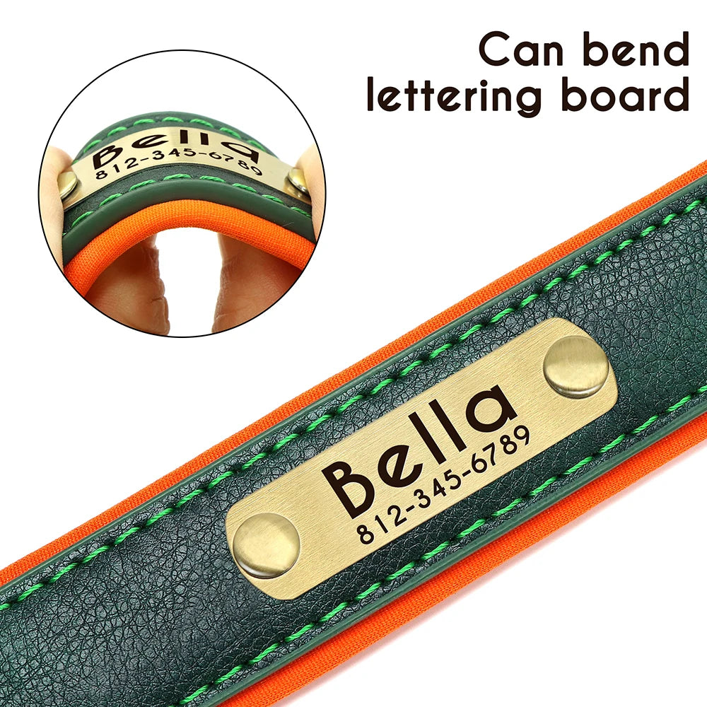 Customized PU Leather Dog Collar – Soft Padded Adjustable Collar with Free Nameplate Engraving for Small, Medium & Large Dogs