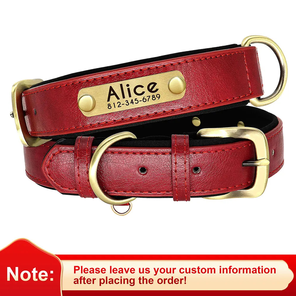 Customized PU Leather Dog Collar – Soft Padded Adjustable Collar with Free Nameplate Engraving for Small, Medium & Large Dogs