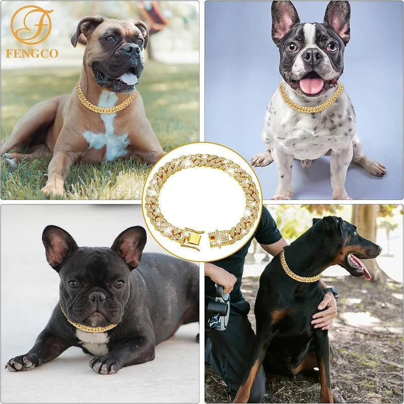 Luxury Gold Dog & Cat Chain Collar – Jeweled Metal Pet Necklace for Small, Medium & Large Pets